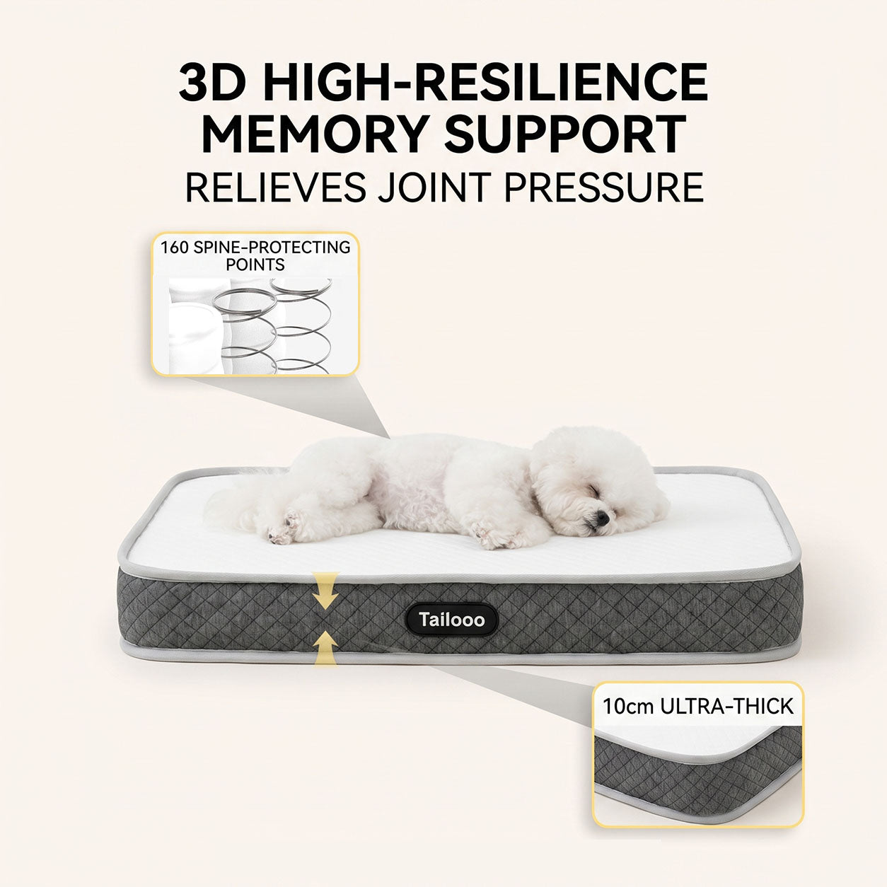 Tailooo orthopedic dog bed infographic showing 3D high-resilience memory support with 160 spine-protecting spring points and 10cm ultra-thick construction, with a sleeping white dog on top.
