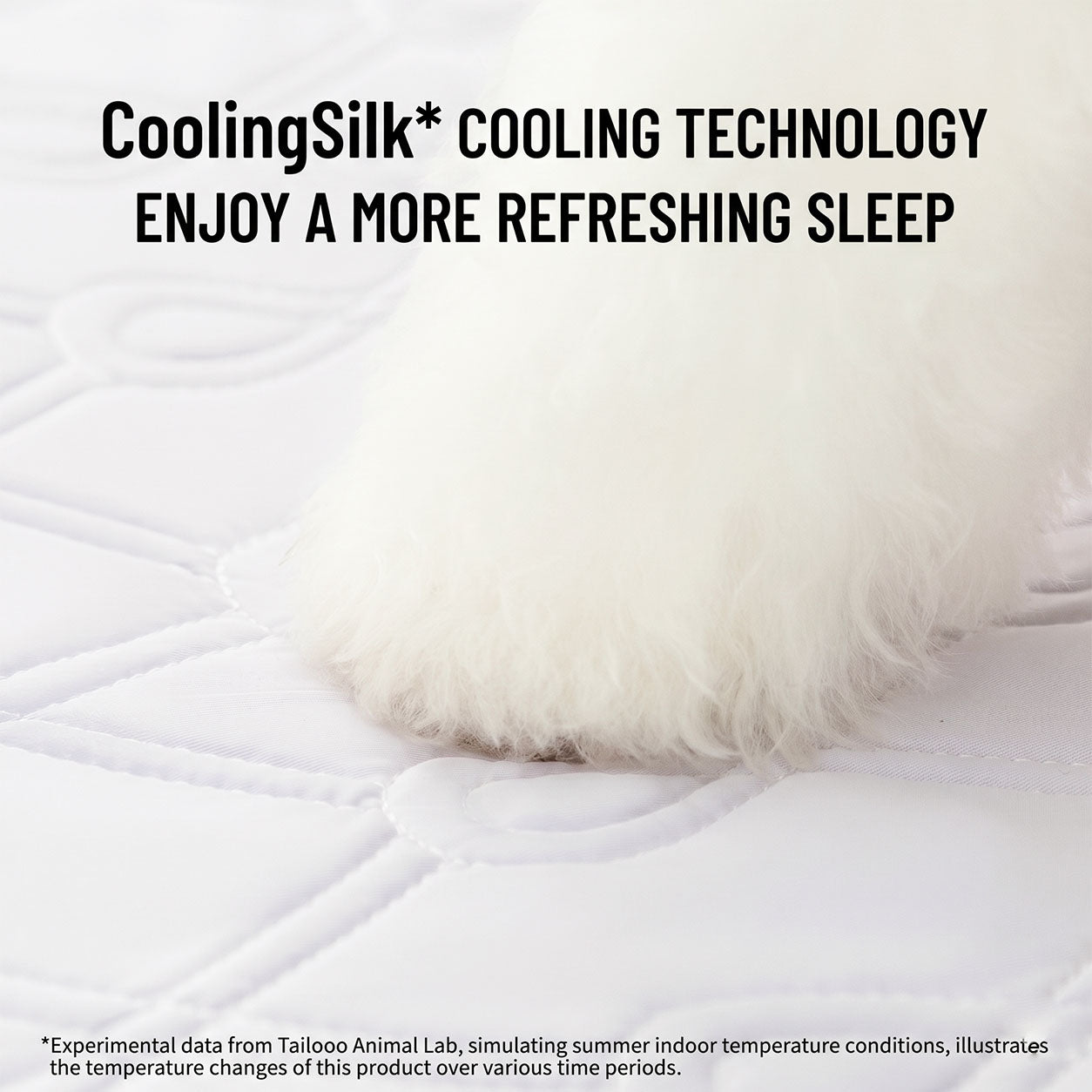 Close-up of a fluffy white dog's head resting on the CoolingSilk surface of a Tailooo orthopedic dog bed, with text highlighting cooling technology for refreshing sleep.