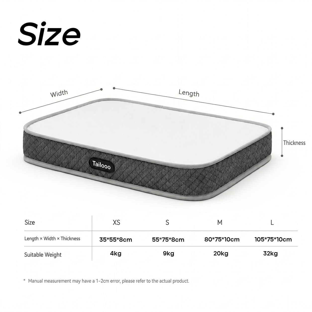 Tailooo orthopedic dog bed size chart showing XS to L dimensions and suitable dog weight from 4kg to 32kg, with 3D product illustration.