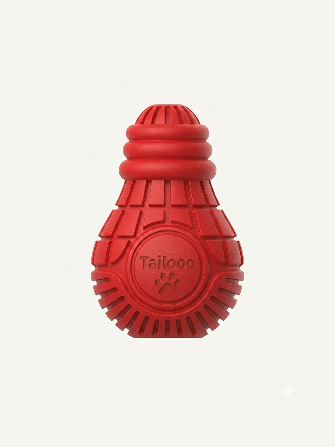 Isolated red Tailooo tough rubber dog chew toy, with a textured design ideal for heavy chewers and teething puppies.