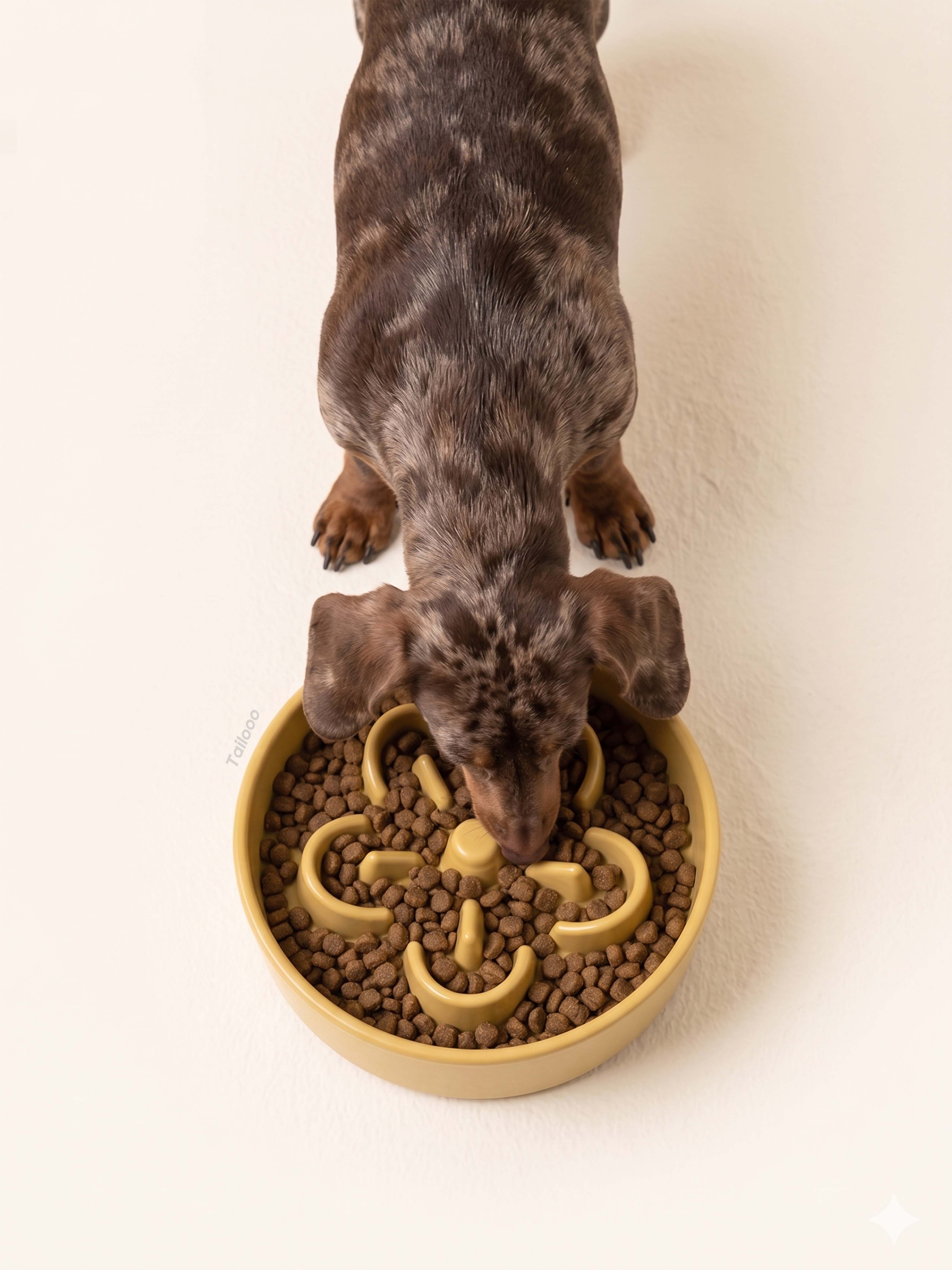 Top view of a dachshund eating from a yellow ceramic slow feeder dog bowl, showing the slow feeder maze clearly.