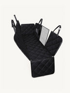 Waterproof quilted dog car seat cover with mesh window, a durable dog safety seat for car travel, protecting your backseat from dirt and scratches.