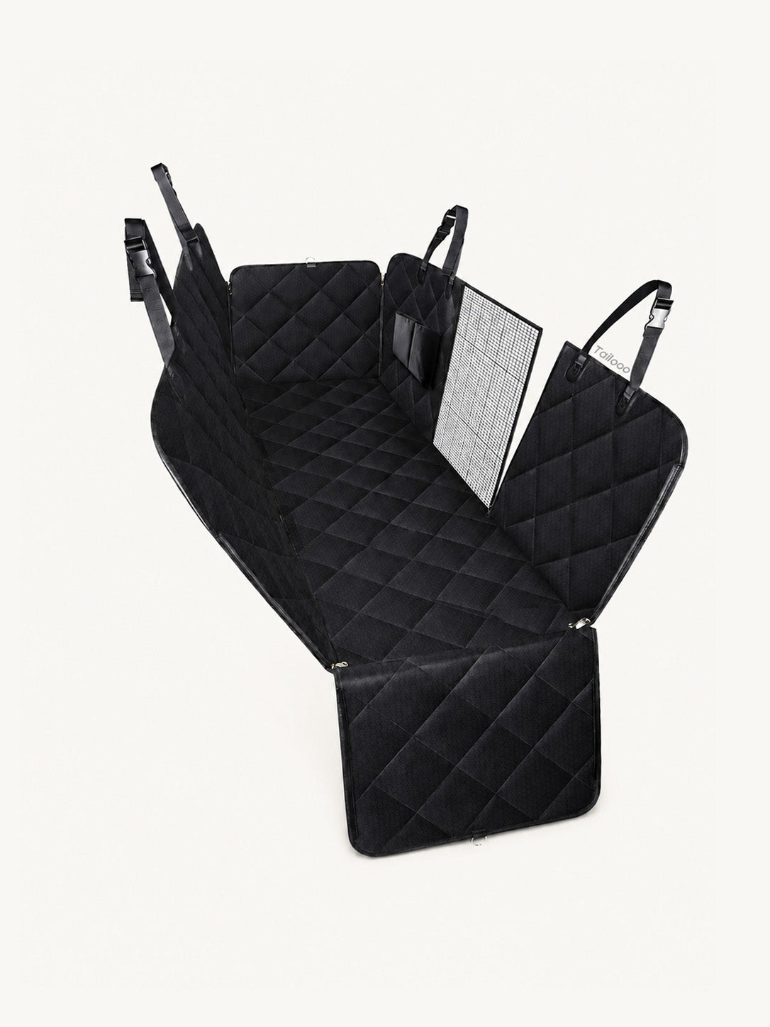Waterproof quilted dog car seat cover with mesh window, a durable dog safety seat for car travel, protecting your backseat from dirt and scratches.