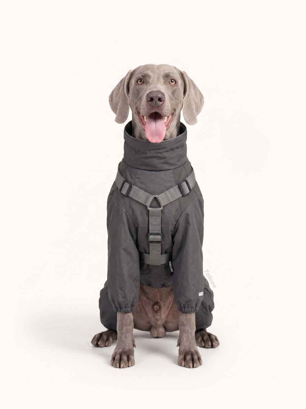 Weimaraner wearing a padded dog coat with built-in harness, comfortable and functional dog apparel for cold weather walks.