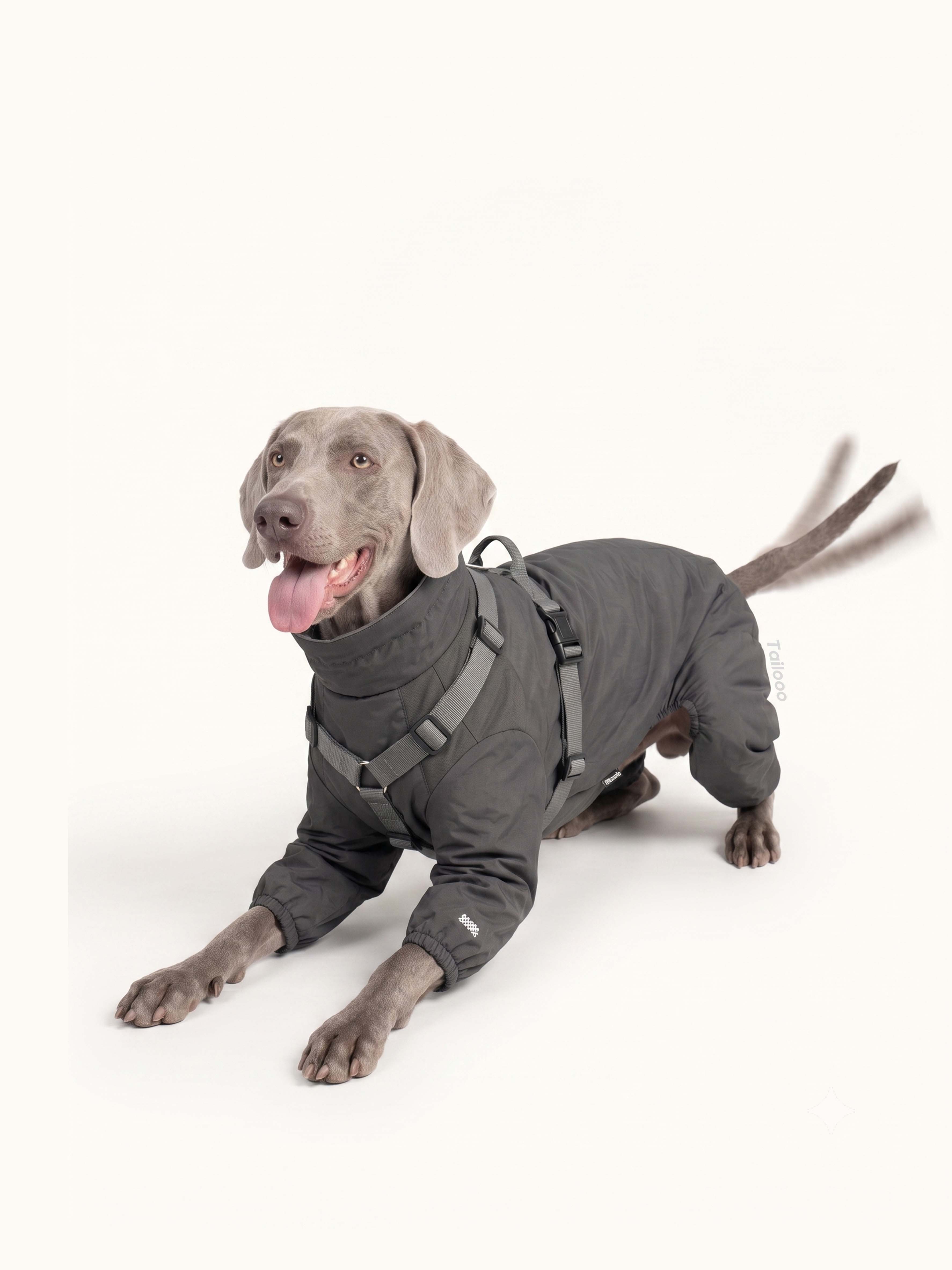 Weimaraner dog playing in a waterproof dog rain coat, showcasing durable, windproof dog apparel for rainy weather.